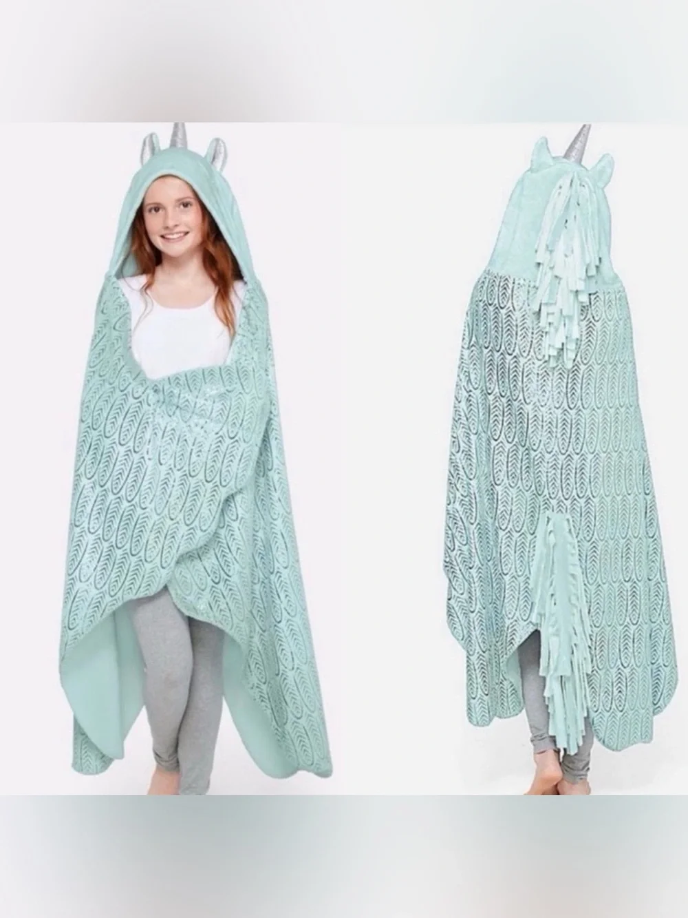 Justice unicorn wearable blanket aqua teal hooded with fringes and tail girl OS